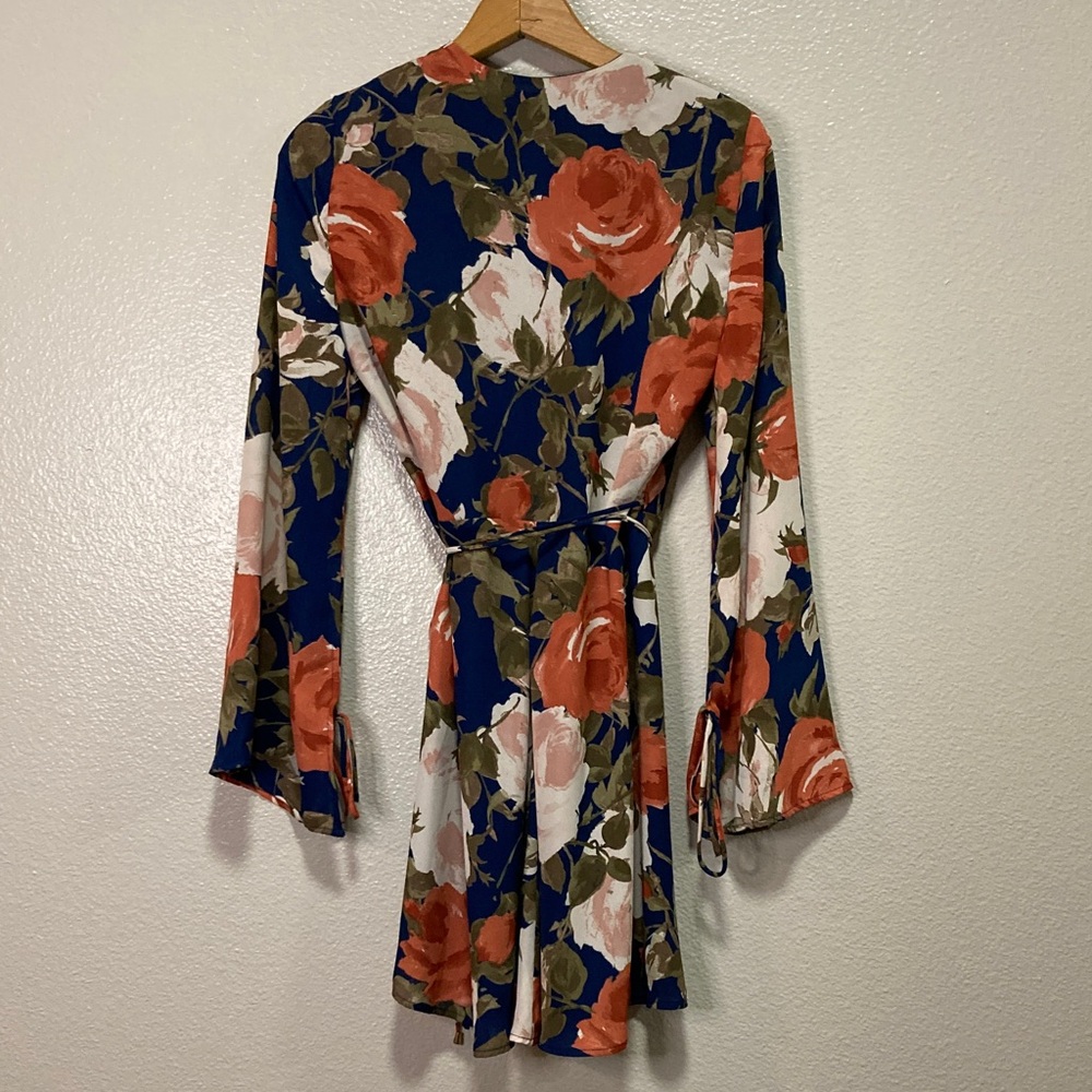 Lulu's Navy Floral Wrap Mini Dress with Coral Roses - Picture 7 of 11